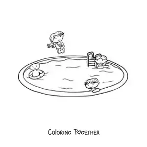 Coloring page of children at a pool party