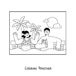 Coloring page of a young couple on holiday in a swimming pool