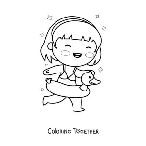 Coloring page of a girl running with a duck float