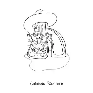 Coloring page of a boy with floaties on a pool slide