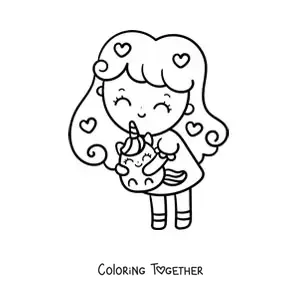 Coloring page of a kawaii girl holding a toy unicorn