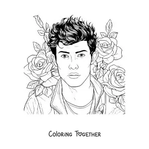 Coloring page of a portrait of Shawn Mendes with flowers