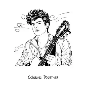 Coloring page of Shawn Mendes playing the guitar with flower petals