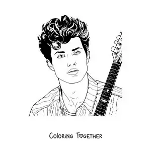 Coloring page of a portrait of Shawn Mendes in a realistic style