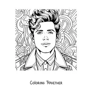 Coloring page of Sebastian Yatra in cartoon style with a doodle art background