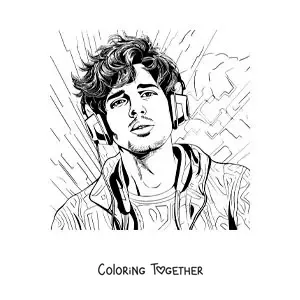 Coloring page of a portrait of Sebastian Yatra with headphones in a realistic style