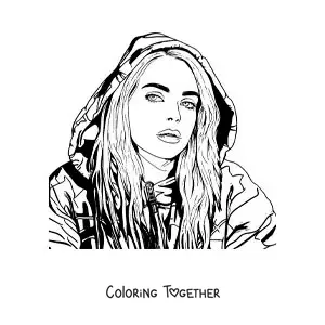 Coloring page of a portrait of Billie Eilish in a realistic style