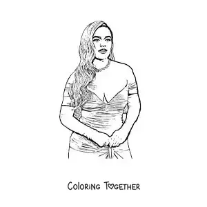 Coloring page of a pencil portrait of Karol G in a dress