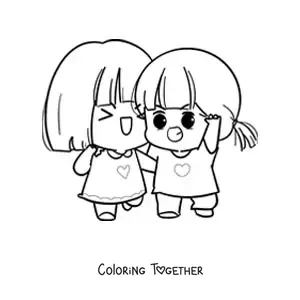 Coloring page of two kawaii girls smiling happily