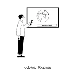Coloring page of a man watching a news report on television