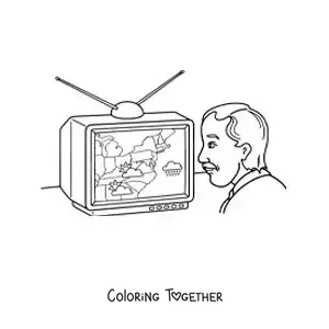 Coloring page of a man watching the weather forecast on television