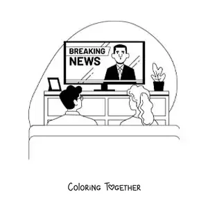 Coloring page of a girl and a boy watching the news on television