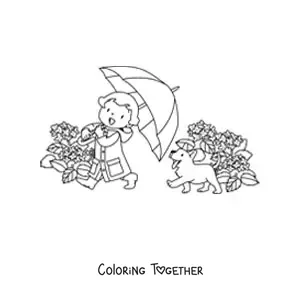 Coloring page of a kawaii girl out for a walk with a parasol next to a dog