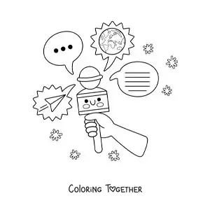 Coloring page of a cartoon microphone reporting the latest news to the world