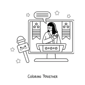 Coloring page of a news report on television and an animated microphone