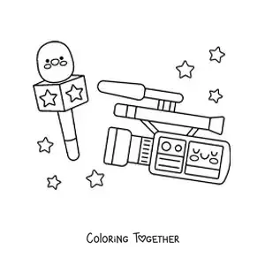 Coloring page of a camera and a microphone for journalism