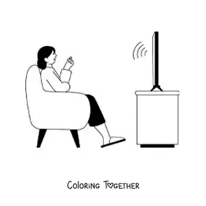 Coloring page of a woman watching the news channel on a television set