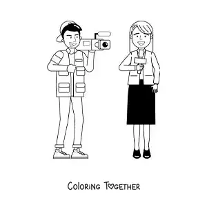 Coloring page of a cameraman and a journalist on a news report