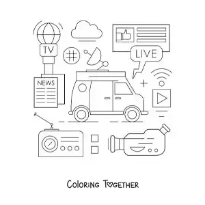 Coloring page of a television set, a microphone, a camera and other communication symbols