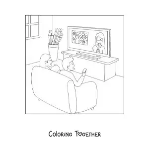 Coloring page of a family watching the news sitting in front of the television