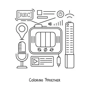Coloring page of a television set, a microphone and ICT symbols