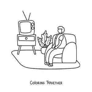 Coloring page of a person watching television on the couch