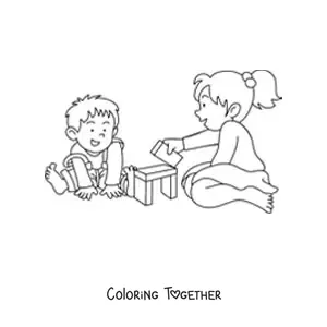 Coloring page of a girl sitting and playing with her little brother