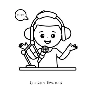 Coloring page of a boy speaking on a school radio station program
