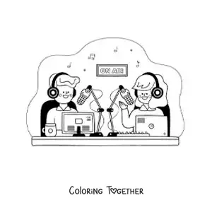 Coloring page of a girl and a boy recording a podcast