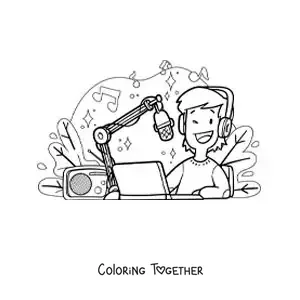 Coloring page of a young boy recording a radio program
