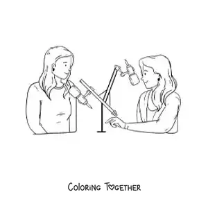 Coloring page of two women on a radio program