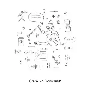 Coloring page of a girl recording a radio program that is broadcast all over the world
