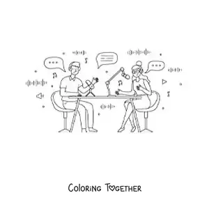 Coloring page of a man and a woman recording a podcast