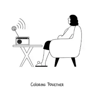 Coloring page of a woman sitting listening to the radio news