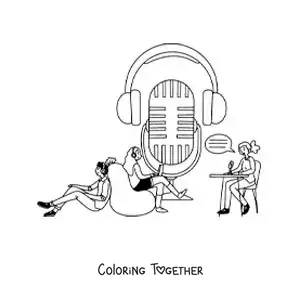 Coloring page of a radio microphone with a girl recording a program and two boys sitting and listening