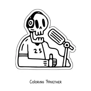 Coloring page of an animated skeleton on a radio program