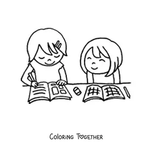 Coloring page of two girls doing their schoolwork