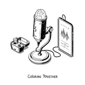 Coloring page of a microphone connected to a phone recording audio for a podcast