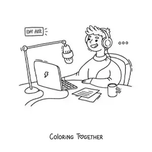 Coloring page of a young man on the air recording a podcast