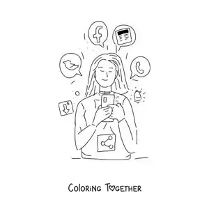 Coloring page of a girl checking social media on her phone