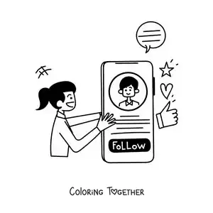 Coloring page of a girl following a boy on social media