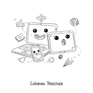 Coloring page of a kawaii laptop, phone and tablet connected to the internet