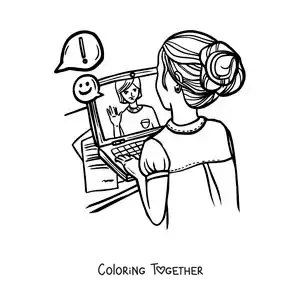 Coloring page of a girl on a video call from her laptop