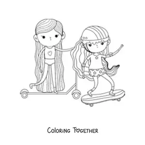 Coloring page of two girls on roller skates exercising