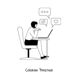 Coloring page of a woman connected to social media on her laptop