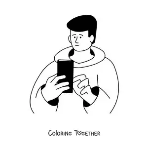 Coloring page of a boy connected to social media on his cell phone