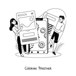 Coloring page of two young people using social media as a communication medium