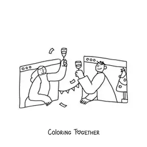 Coloring page of a cartoon of two people communicating remotely by video call