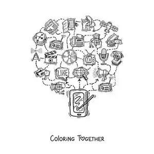Coloring page of a smartphone connected to social media