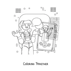 Coloring page of a girl and a boy talking by video call on the phone